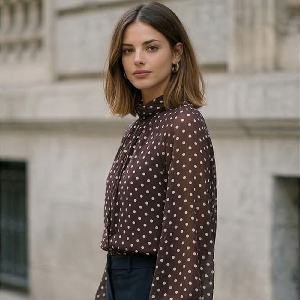 Long Sleeve Dots Printed Blous - đánh giá và giá Street Fashion Necklace