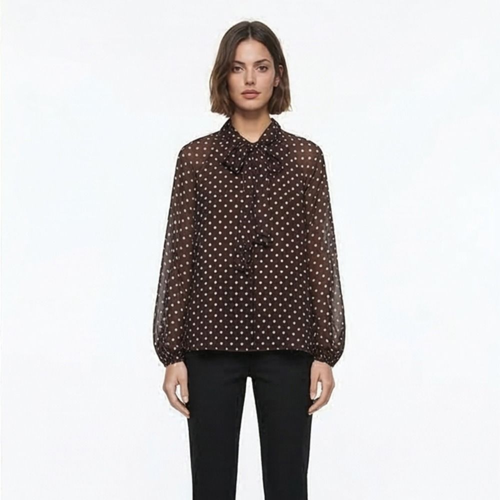 Long Sleeve Dots Printed Blous - đánh giá và giá Street Fashion Necklace